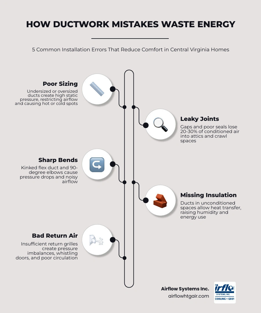 Infographic showing how ductwork installation mistakes waste energy and reduce home comfort through leaks, poor sizing, and