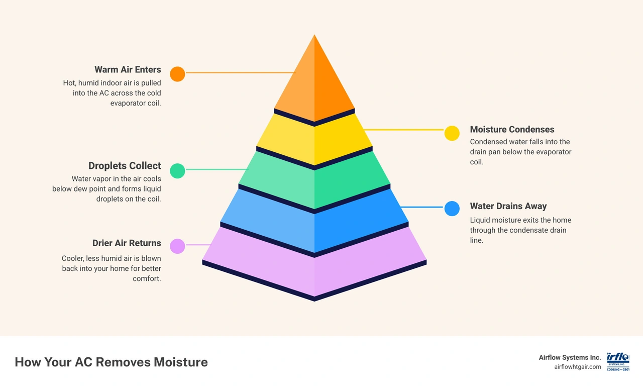 Infographic showing 5 steps of how an AC removes moisture from indoor air with humidity levels and comfort zones infographic