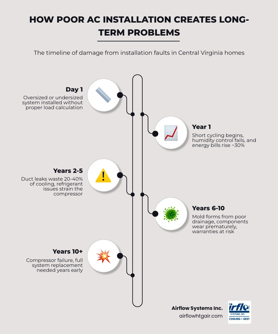 infographic showing multi-year impact timeline of bad AC installation on energy bills, lifespan, and comfort infographic
