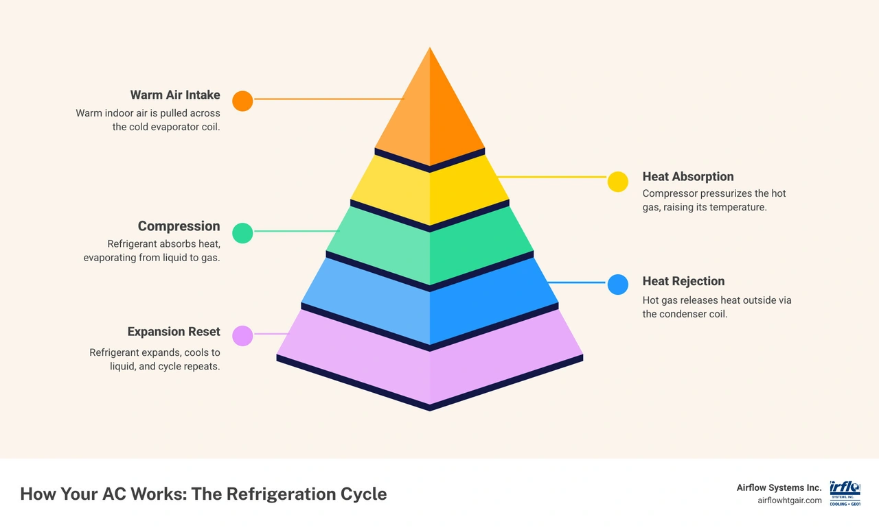 infographic showing the 5-step air conditioning refrigeration cycle from warm air intake to cooled air output infographic infographic showing the 5-step air conditioning refrigeration cycle from warm air intake to cooled air output infographic