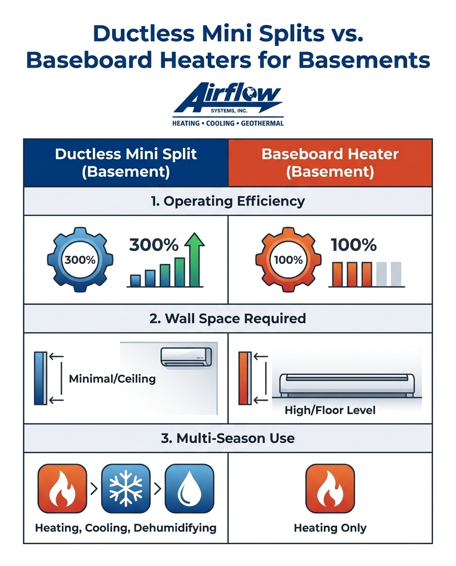 Ductless Mini Splits vs. Baseboard Heaters for Basements