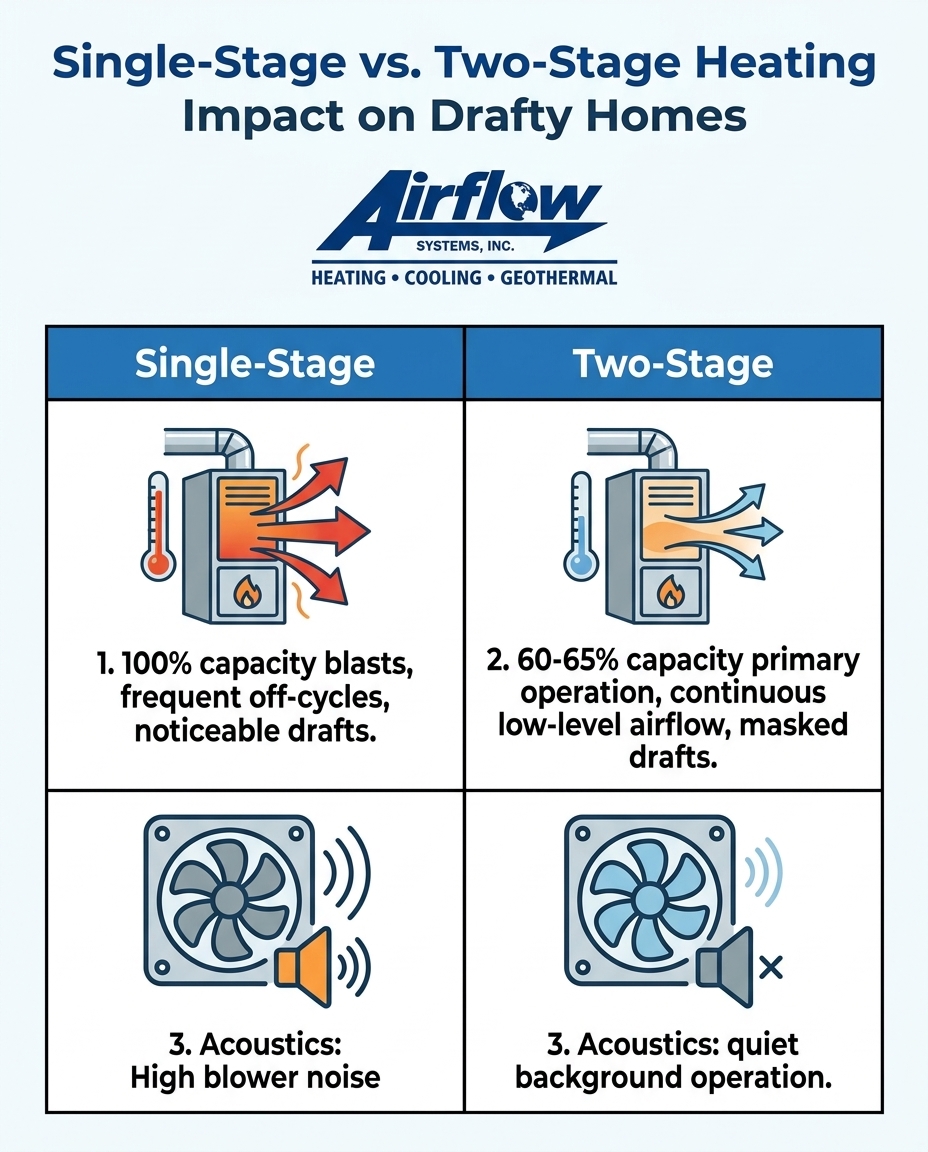 Single-Stage vs. Two-Stage Heating Impact on Drafty Homes