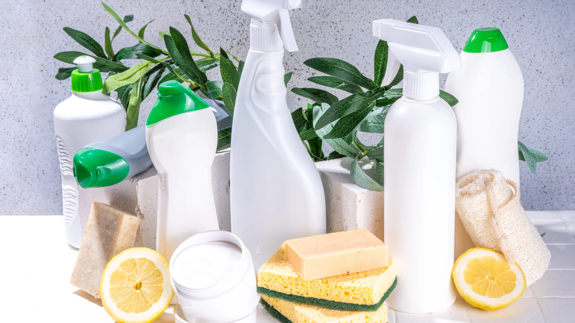 A collection of eco-friendly cleaning products, including white spray bottles, soap bars, and sponges, surrounded by green leaves and lemon slices.
