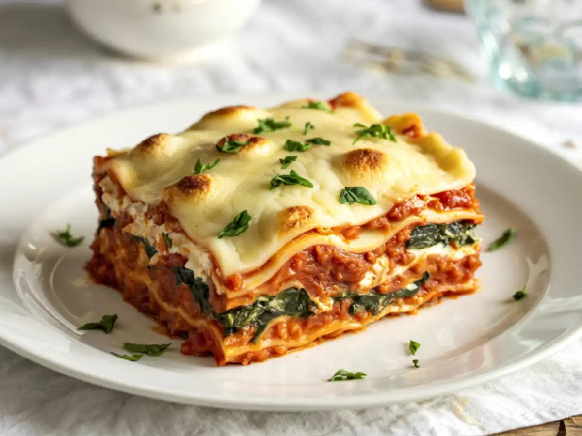 A close-up of a slice of lasagna on a white plate. Layers of pasta, tomato sauce, cheese, and spinach are visible. Garnished with fresh herbs. Appetizing and inviting.