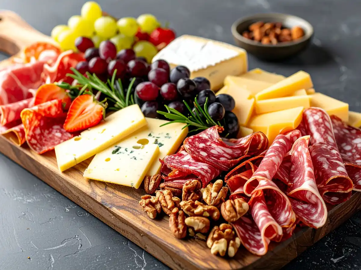 A charcuterie board featuring assorted cheeses, salami, prosciutto, grapes, strawberries, walnuts, and rosemary garnishes, creating a vibrant, appetizing display.