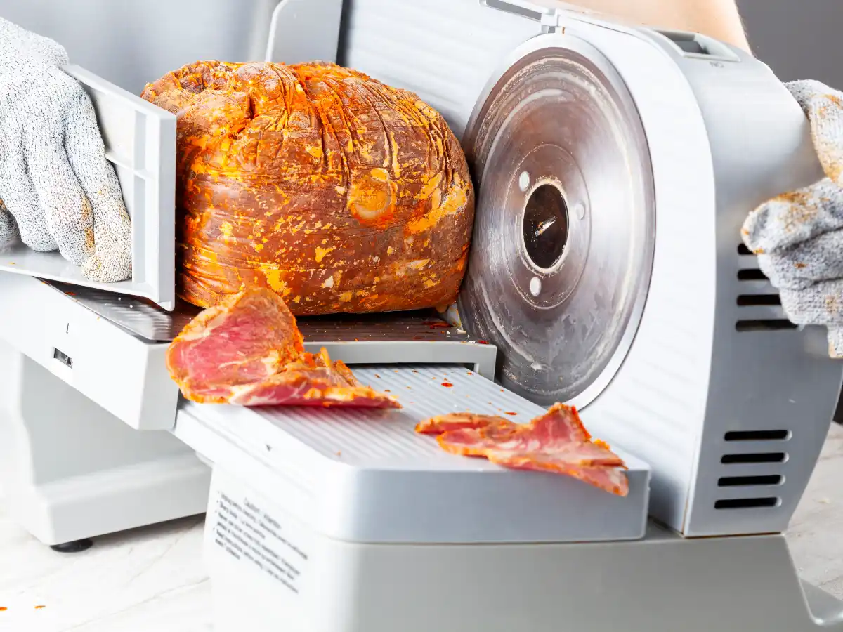 Person using a meat slicer to cut a seasoned roast, wearing safety gloves. Thin slices fall on the tray. The scene is clean and efficient.