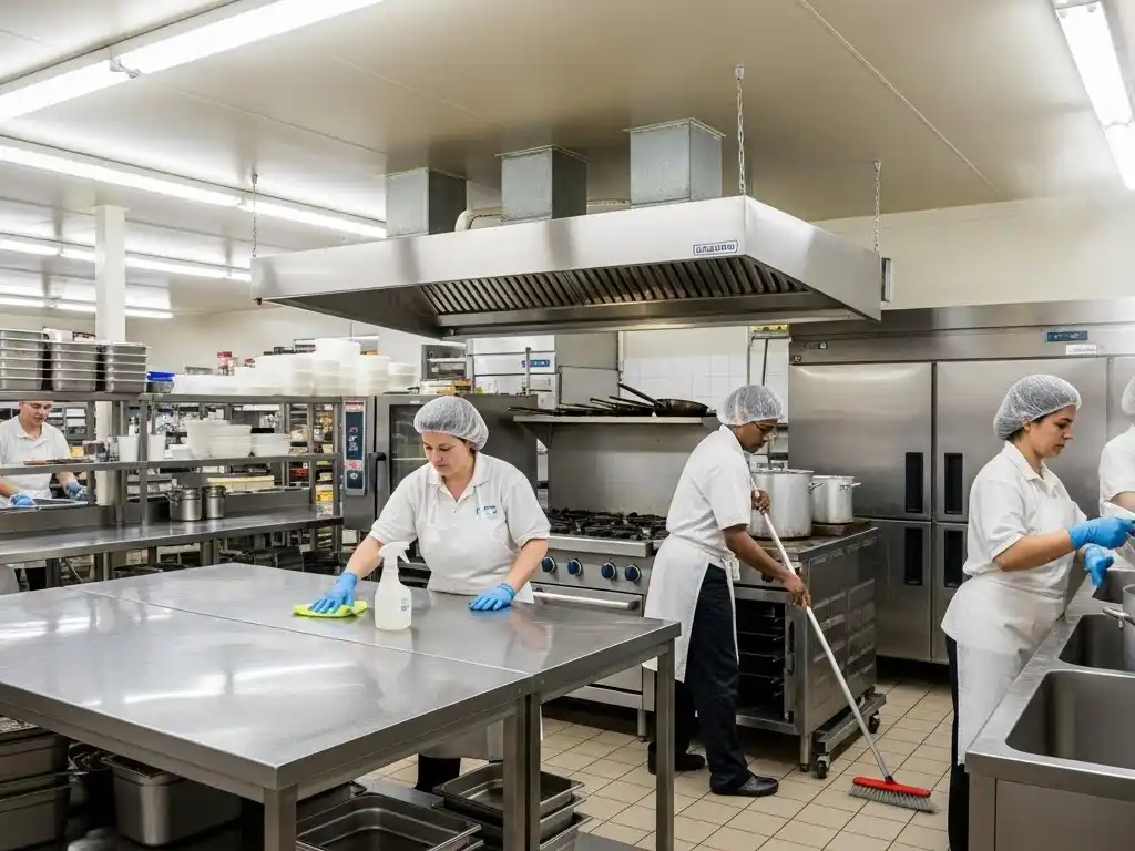 A commercial kitchen with workers in white uniforms and hairnets cleaning. Stainless steel surfaces, industrial appliances, and a focused atmosphere.