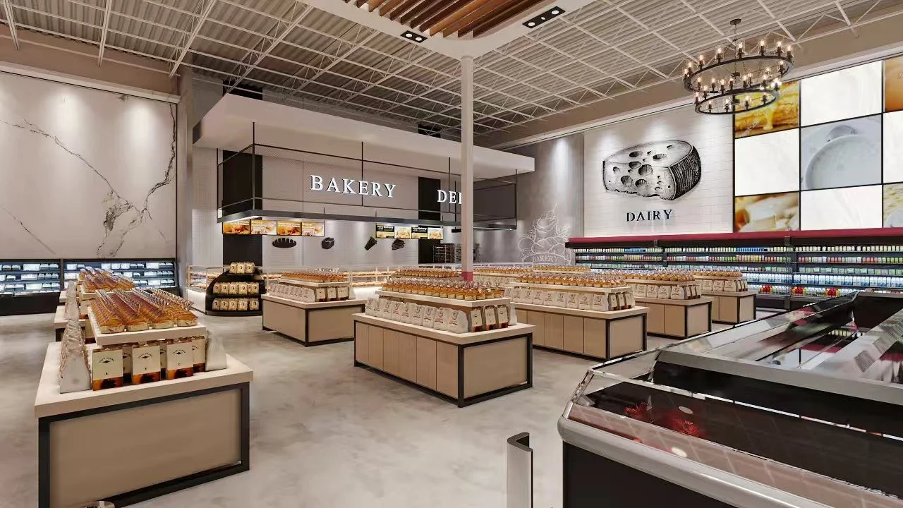 JH Supermarket with Bakery and Deli signs. Displays of baked goods and packaged items fill the well-lit, organized aisles, creating a fresh, inviting atmosphere.