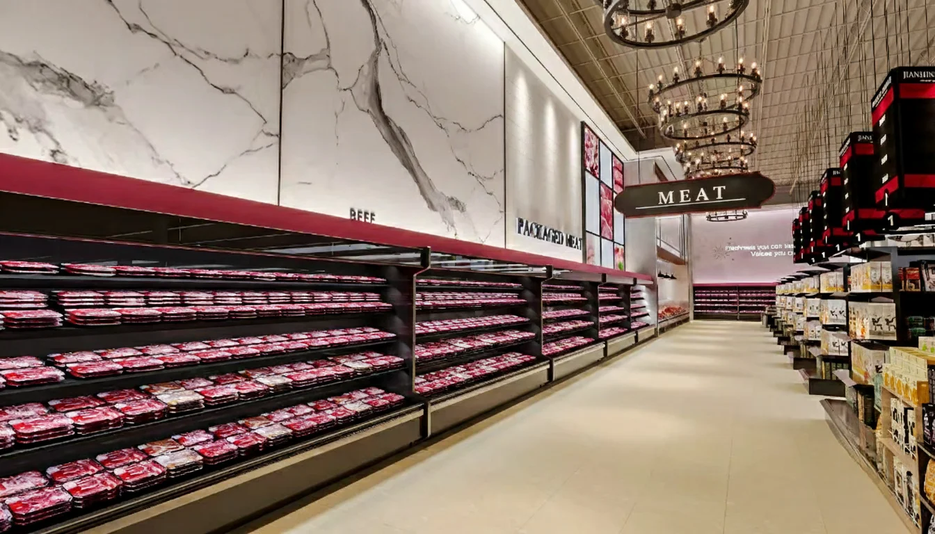 Bright grocery aisle in JH Supermarket, showcasing neatly arranged packaged meat on shelves, beneath marble-patterned walls and elegant chandeliers; a clean, organized ambiance.