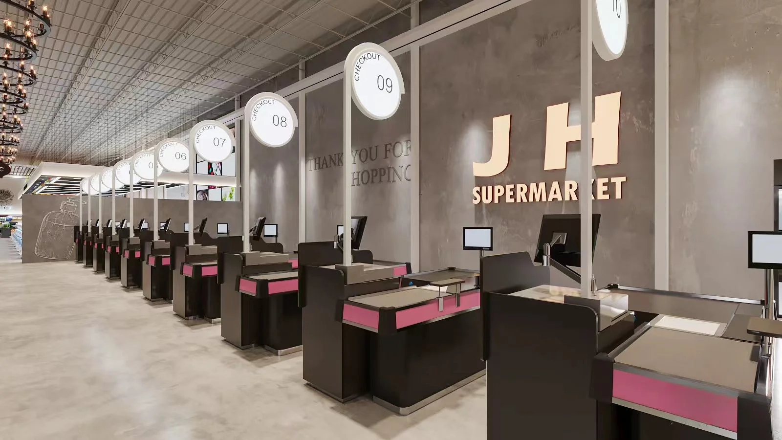 Rows of modern supermarket checkout counters with digital displays are lit by circular hanging lights. The backdrop reads "J H SUPERMARKET."