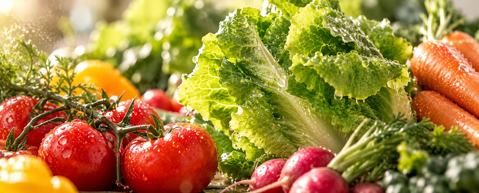 Fresh vegetables including red tomatoes on vine with water droplets, leafy green lettuce, orange carrots, red radishes, and a yellow bell pepper, all with water droplets, in soft natural light.