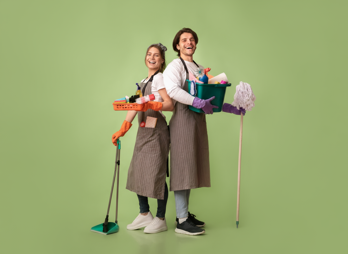 Lucky Services team members smiling and holding cleaning supplies.