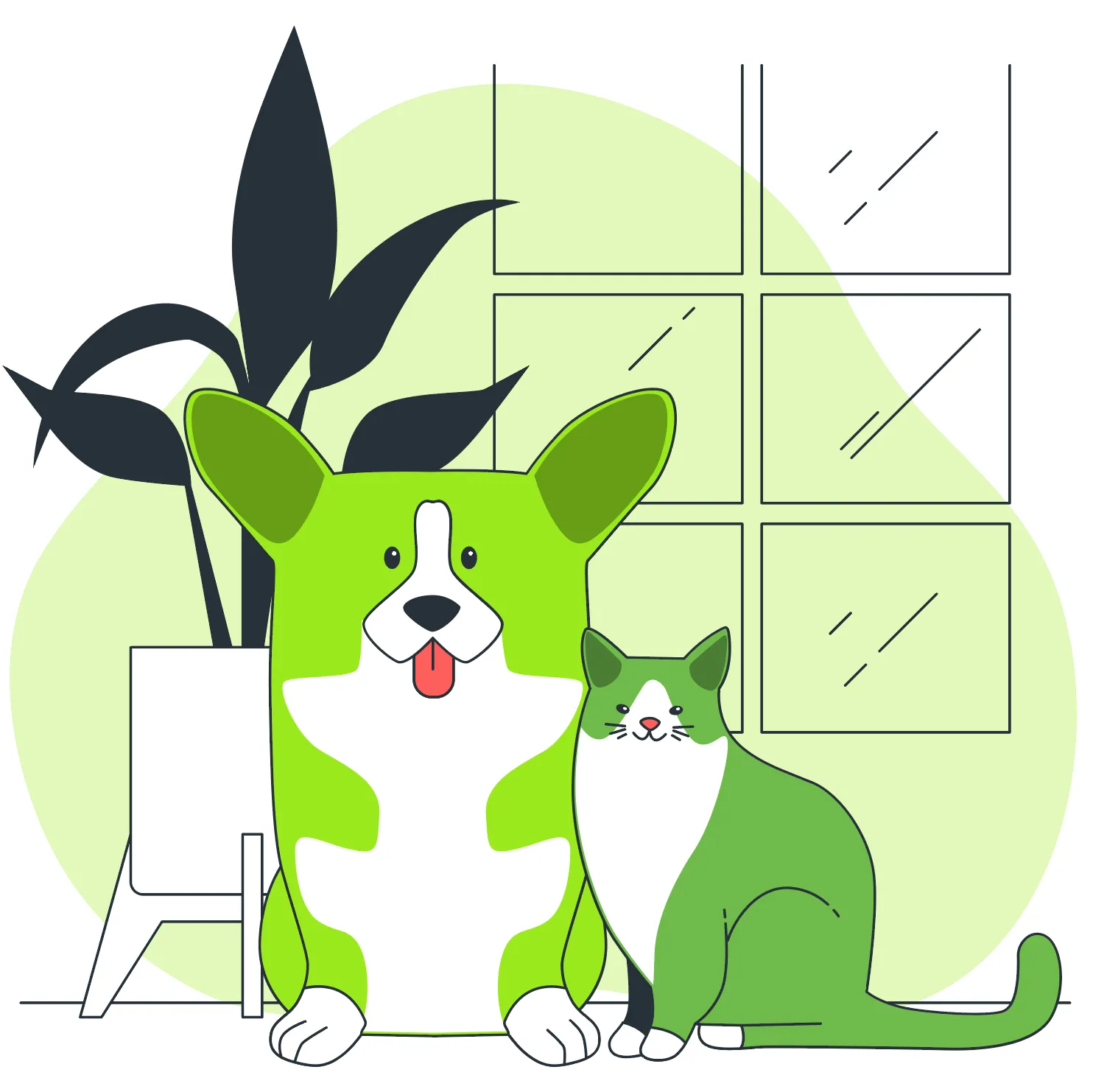 Illustration of a cartoon dog and cat sitting together beside a houseplant and window.