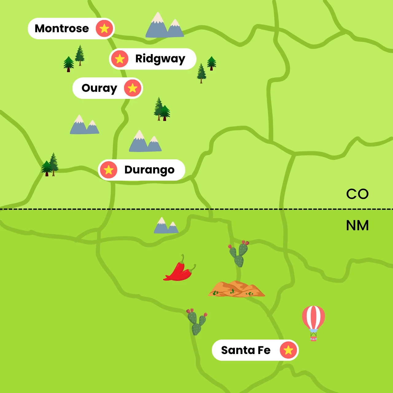 Illustrated map of Lucky Services' service areas across Montrose, Ridgway, Ouray, and Durango, Colorado, and Santa Fe, New Mexico.