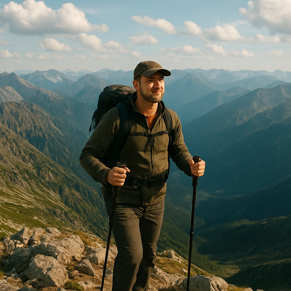 Man hiking with poles on a rocky mountain trail overlooking distant mountain ranges under a cloudy sky.