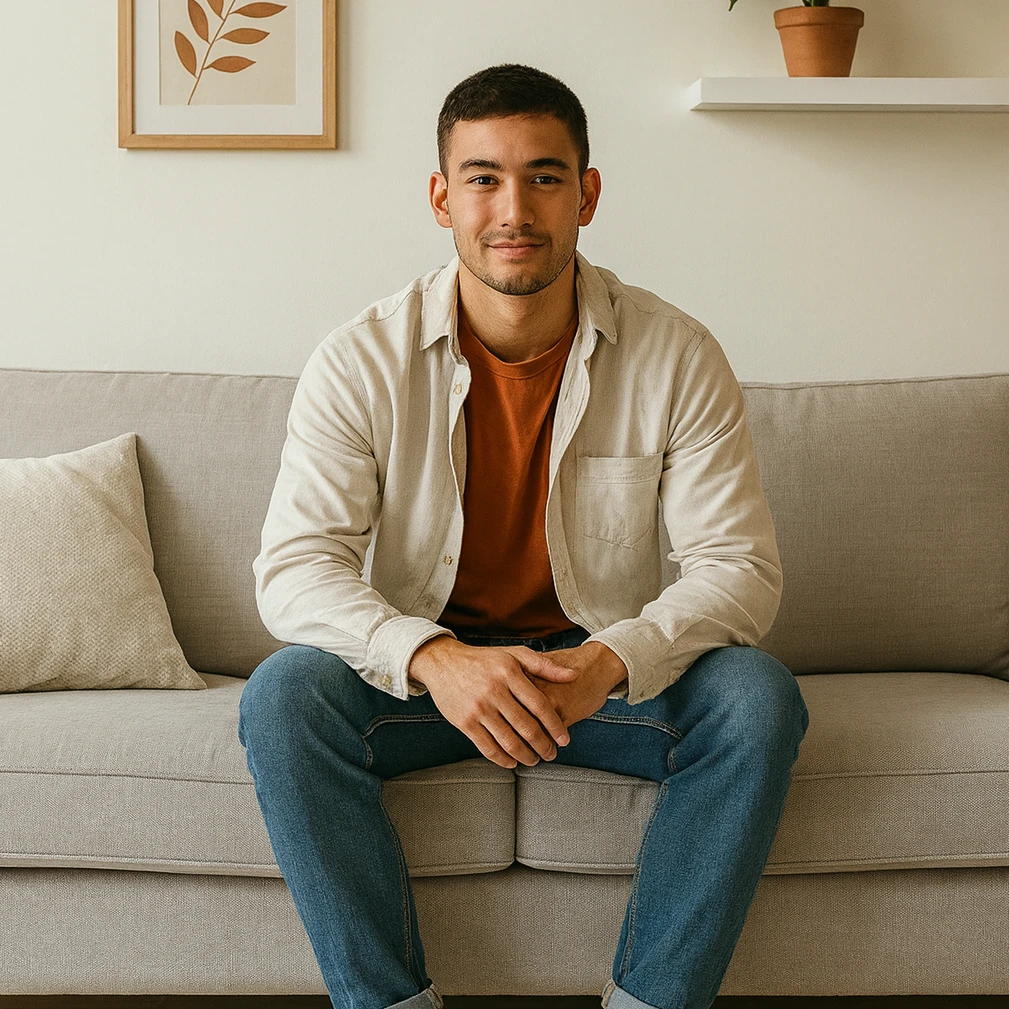 Young man wearing a beige shirt and jeans sitting on a gray couch in a living room.