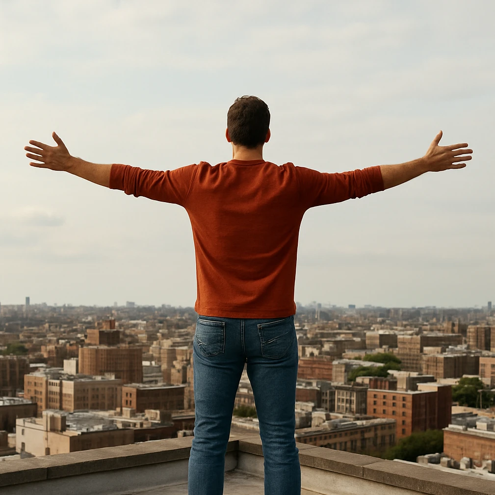 Man in red shirt and blue jeans standing on rooftop with arms outstretched overlooking cityscape.