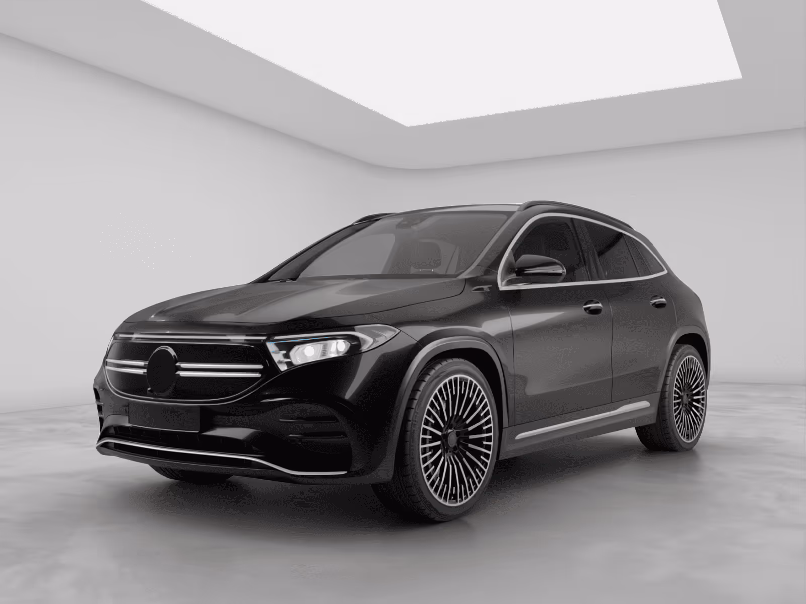 Black luxury electric SUV parked in a minimalistic white room with modern LED headlights and large multi-spoke wheels.