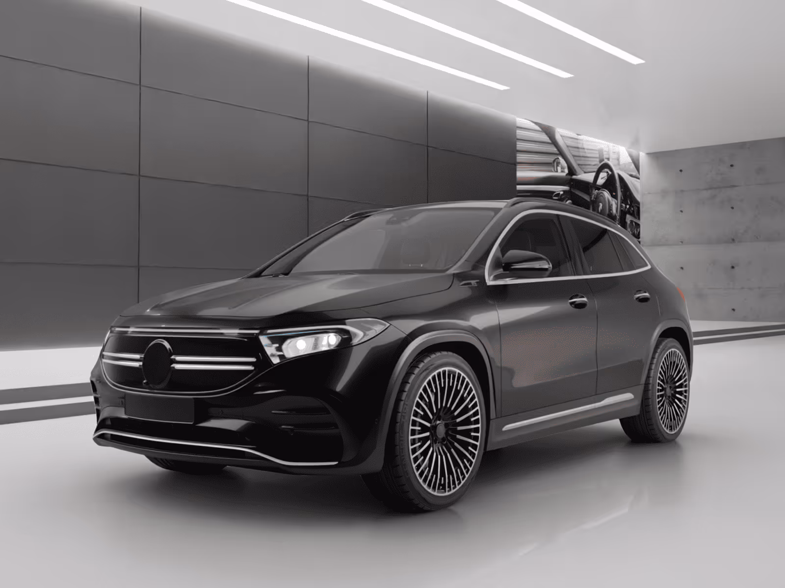 Black luxury electric SUV parked in a modern showroom with sleek design and detailed alloy wheels.