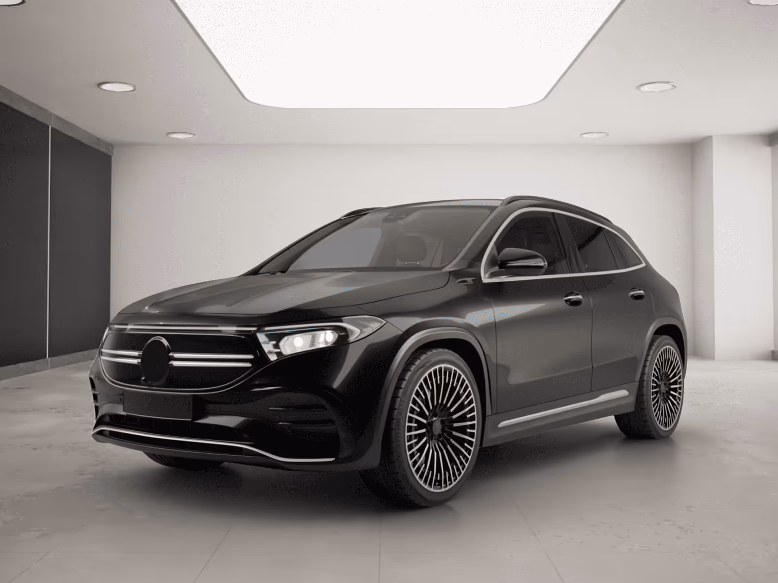 Black luxury electric SUV parked in a modern white showroom with glossy multi-spoke wheels.