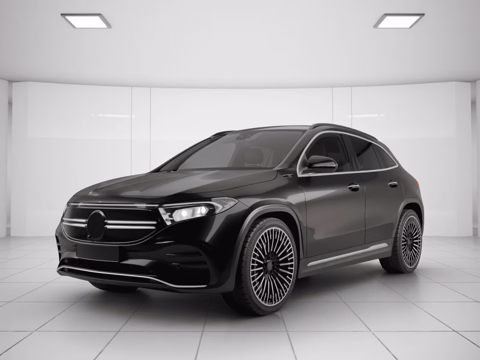 Black modern electric SUV with sleek design and distinctive wheels in a white showroom.