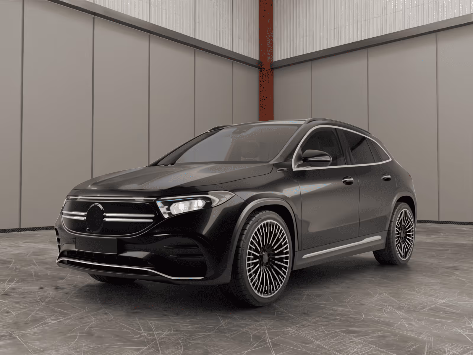 Black luxury SUV parked in an industrial-style room with gray walls and a concrete floor.