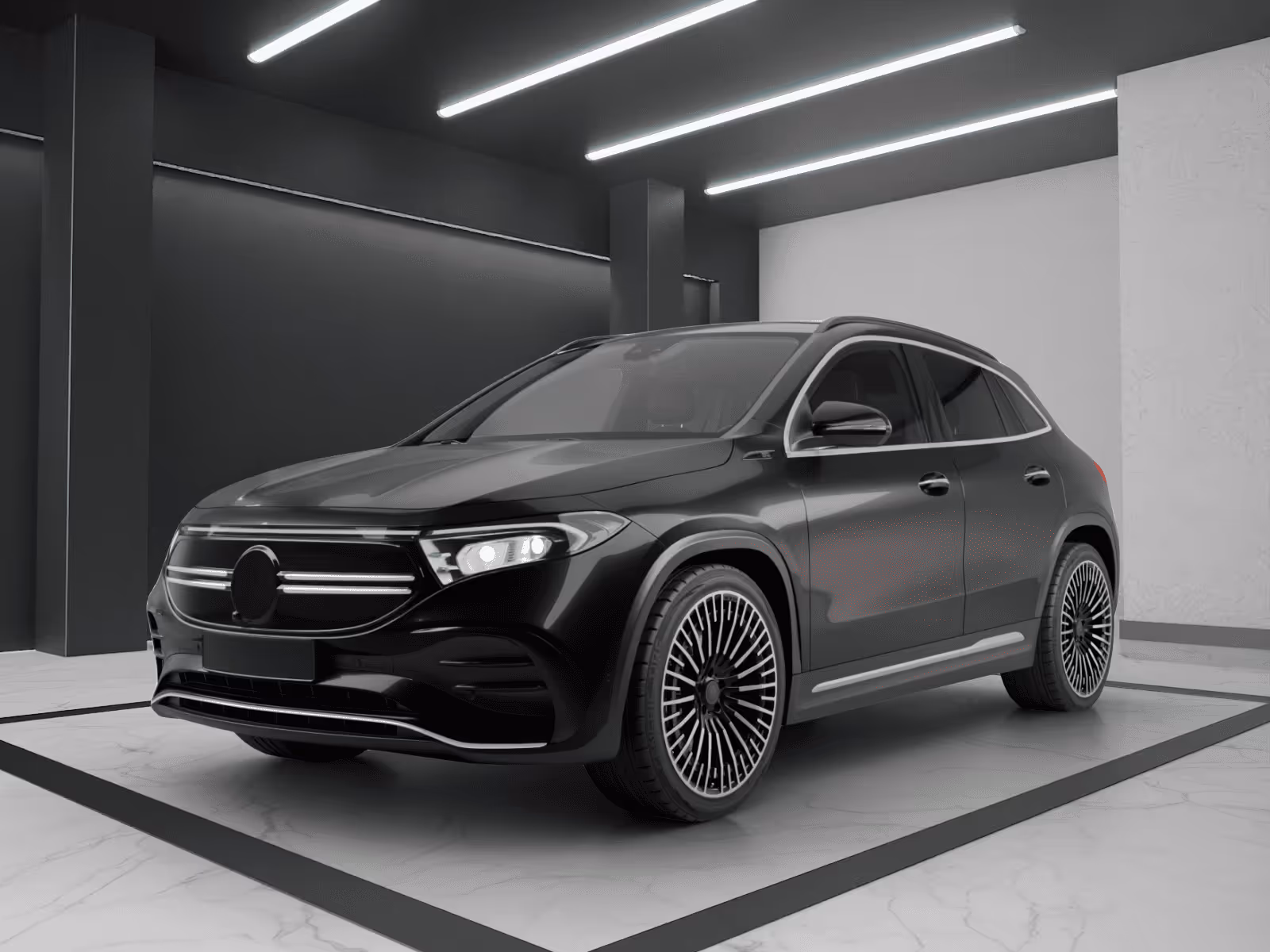 Black luxury electric SUV parked in a modern showroom with sleek LED ceiling lights.