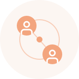 Two white user icons connected by arrows in a circle on a peach background representing interaction or connection.