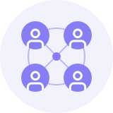 Four white user icons connected by lines in a purple circle, symbolizing a network or team.