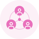 Three white user icons connected by lines on a pink circular background, representing network or teamwork.