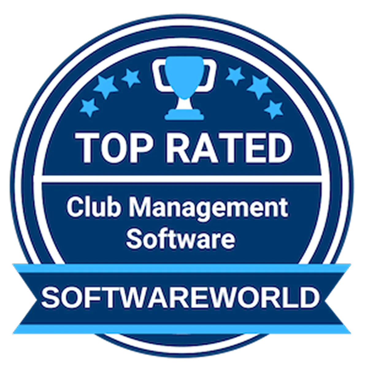 Badge with a trophy and stars reading 'Top Rated Club Management Software' and 'SOFTWAREWORLD'.