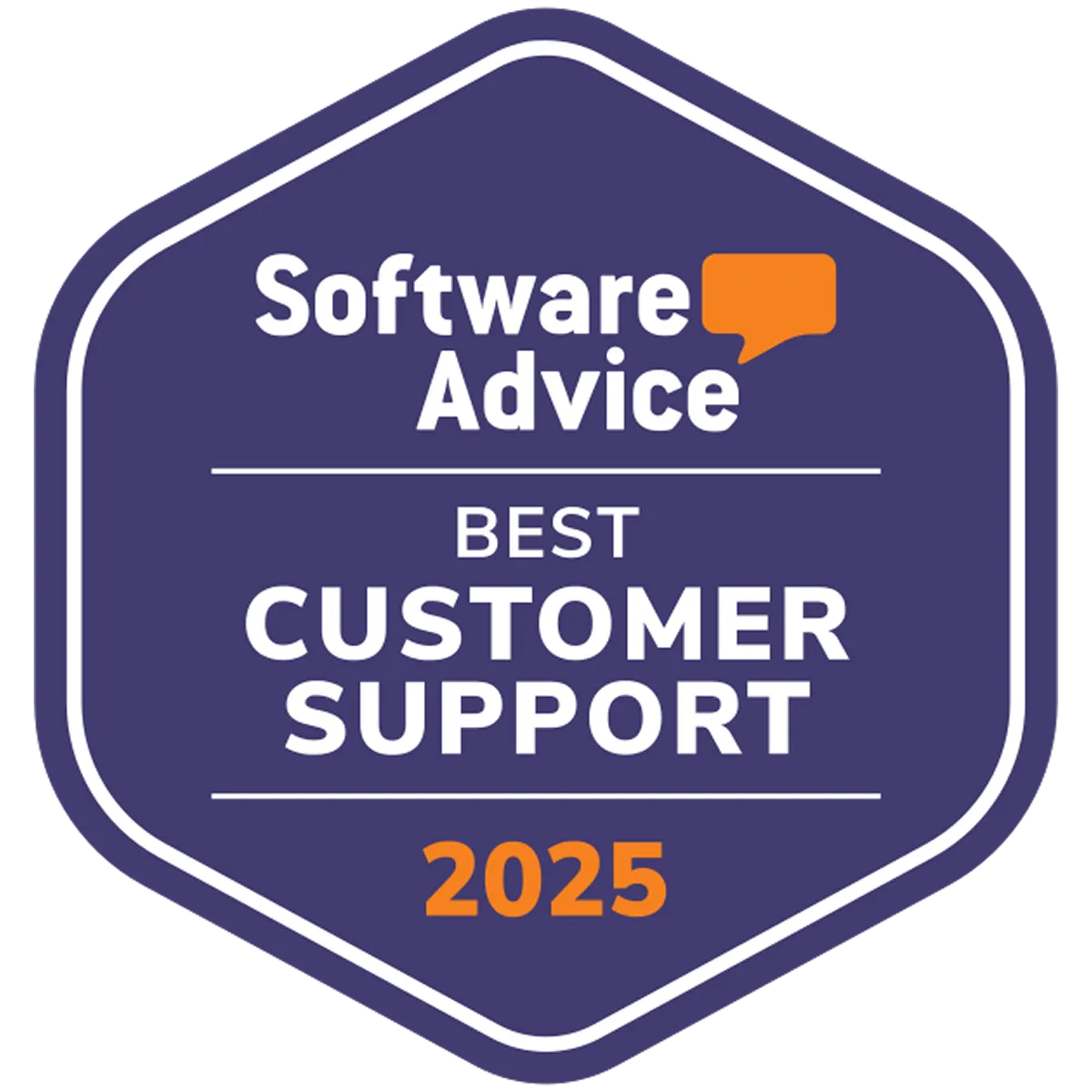 Software Advice badge for Best Customer Support 2025 with a purple hexagonal background and orange speech bubble icon.