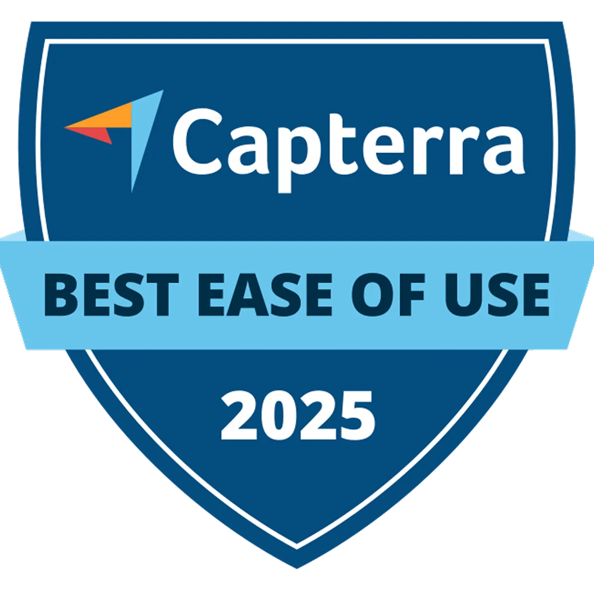 Capterra badge for Best Ease of Use 2025 with a blue shield and a ribbon.