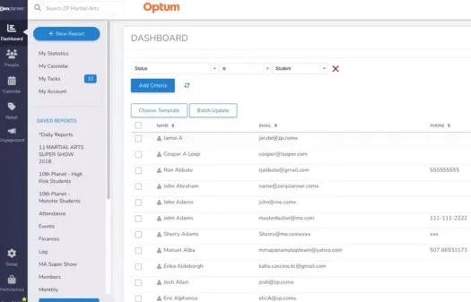 Optum dashboard interface showing a list of students with columns for name, email, and phone number, alongside a sidebar menu with options like Dashboard, People, Calendar, and Reports.