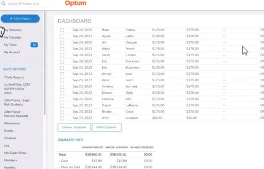 Dashboard interface showing a list of names, dates, and payment amounts in a report view with navigation options on the left.