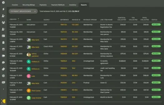 Dashboard showing a payment breakdown report with columns for creator, source, reference, product, revenue stream, due date, subtotal collected, tax collected, total collected, and status.