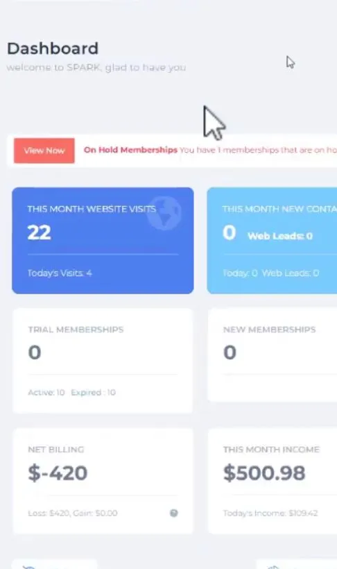 Dashboard displaying monthly website visits, new contacts, trial memberships, new memberships, net billing, and monthly income metrics.