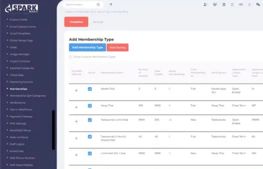 Dashboard interface showing membership types with options to add or start memberships, listing details like name, duration, and agreement status.