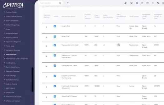 Dashboard displaying a membership management interface with a table listing various plans, their features, and statuses on Spark Basic platform.