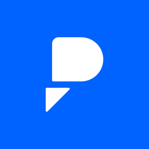 White stylized letter P with a triangular tail on a blue background.