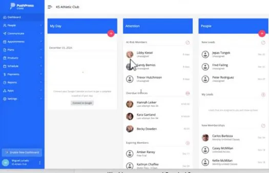 Dashboard interface of a club management app showing sections for My Day calendar, Attention list of at-risk members, and People categorized as new leads, my leads, and new memberships.