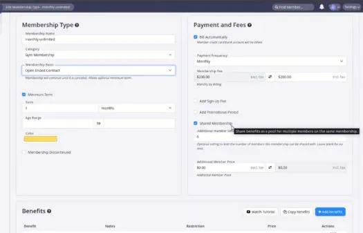 Screenshot of a membership management interface showing membership type options, payment and fees details including automatic bill and shared memberships, and a benefits section with options to watch tutorial, copy benefits, or add benefits.