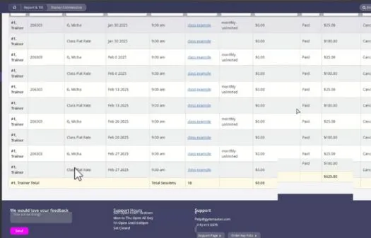 Table displaying a schedule with trainee names, dates, times, session types, prices, payment status, and a total summary at the bottom.