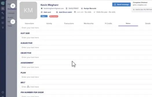 Digital profile interface for Kevin Meghanr showing contact info, tabs like Notes, Activity, Transactions, with empty fields for suit size, subjective, objective, assessment, plan, belt, and PIN number for door.