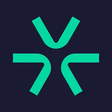 Stylized green abstract logo with four angled shapes arranged around a central point on a dark blue background.