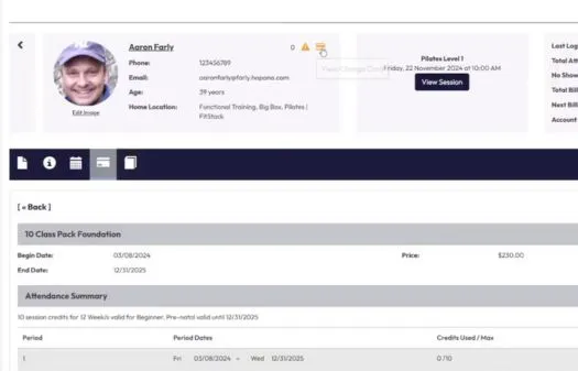 User account dashboard showing profile photo, contact details, session type Pilates Level 1 with view session button, and a 10 Class Pack Foundation attendance summary.
