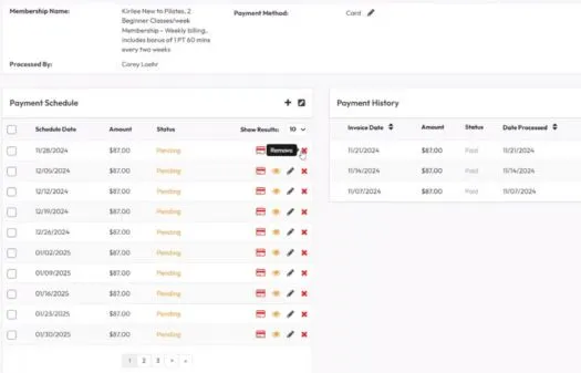 User interface showing membership details with a payment schedule of multiple $87 pending payments and a payment history listing three paid invoices in December 2024 and January 2025.