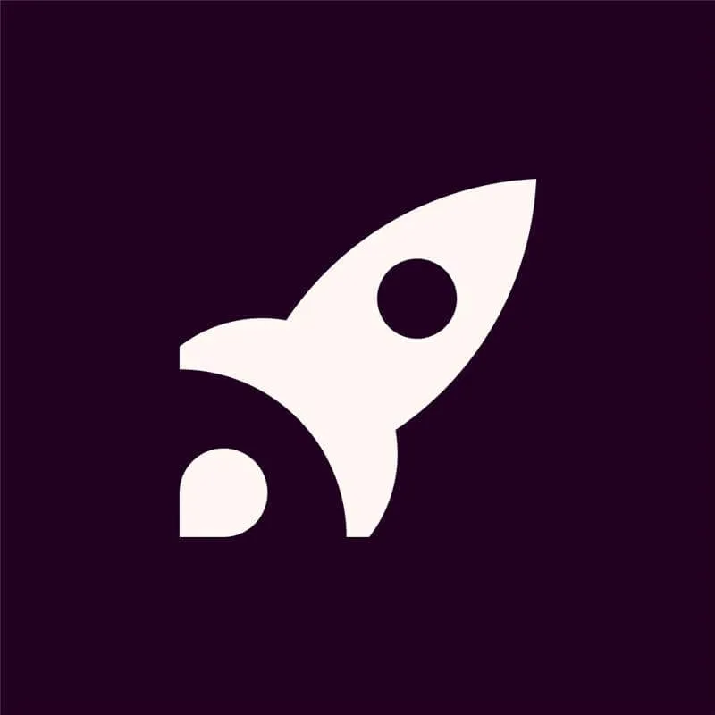 White rocket icon on a dark purple background.