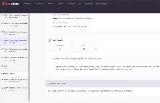 Dashboard screen showing automated SMS campaign setup with details including number of messages and start delay.
