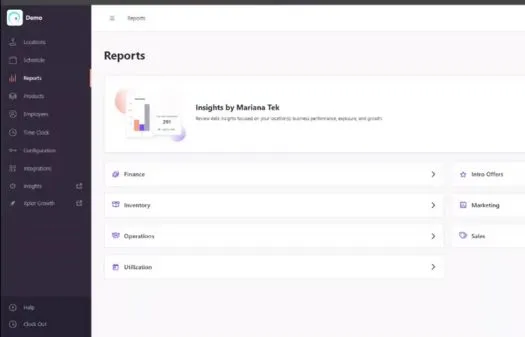 Dashboard report page showing insights by Mariana Tek with report categories including Finance, Inventory, Operations, Utilization, Intro Offers, Marketing, and Sales.